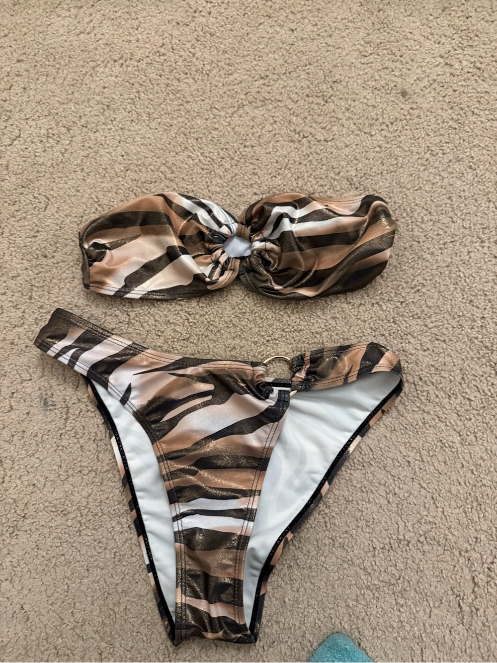 SHEIN Brown Black Cream Zebra-Striped Bandeau Bikini Set